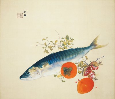 秋の太った魚と熟した野生の果物、1925 作： Takeuchi Seiho