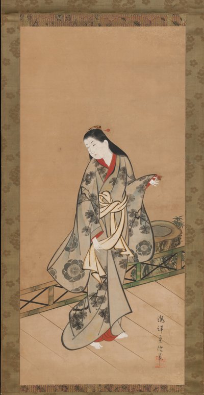 ベランダの女性, ca. 1730年。 作： Takizawa Shigenobu