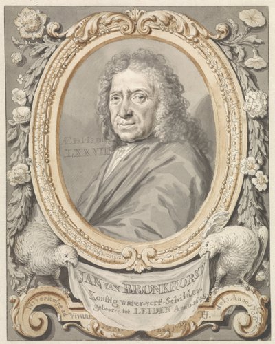 花と 2 羽の鳥の額縁に描かれた Johannes (Jan) van Bronkhorst の肖像 作： Tako Hajo Jelgersma