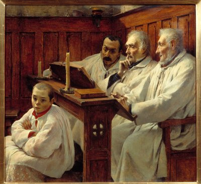 信条の司祭と聖歌隊の子供が聖書を読んでいます。 タンクレード バステ (1858-1942) の絵画 20 世紀のグルノーブル美術館、ボザール美術館 注目! この作品の使用は、第三者の承認要求または追加料金の対象となる場合があります 作： Tancrede Bastet