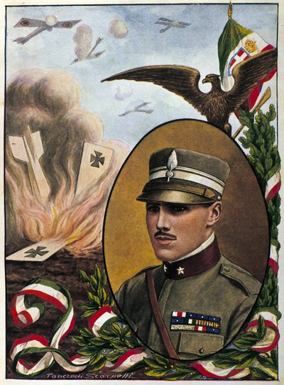 1918年に戦死したイタリア空軍の英雄、フランチェスコ・バラッカ少佐（1888-1918）のアレゴリー。タンクレディ・スカルペリの作画。ミラネーゼ。 作： Tancredi Scarpelli