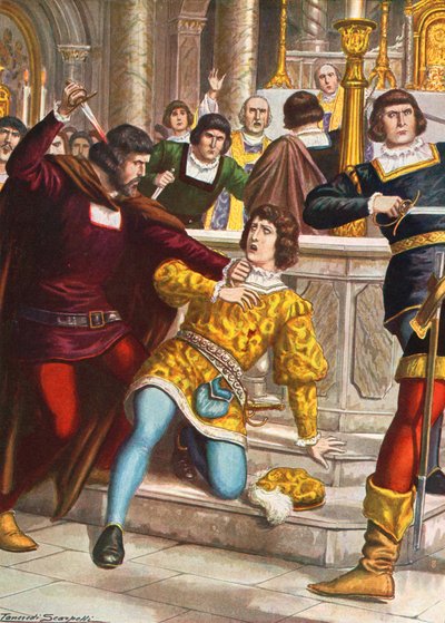 1478年、フィレンツェのドゥオーモにおけるジュリアーノデメディチの死。パッツィの陰謀 作： Tancredi Scarpelli
