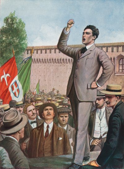 フィリッポ・コリドーニはミラノの群衆に語り、戦争へのイタリアの介入を要求する 作： Tancredi Scarpelli