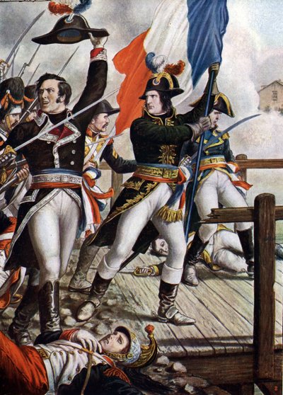 最初のイタリア遠征: 1796 年 11 月のアルコレ橋の戦いにおけるナポレオン・ボナパルト (1769-1821)」 (1796 年 11 月のアルコレ橋の戦いにおけるナポレオン・ボナパルト (アルコラ)、タンクレディ・スカルペリ (1866-1937) によるイラスト 『ストーリア』より 作： Tancredi Scarpelli
