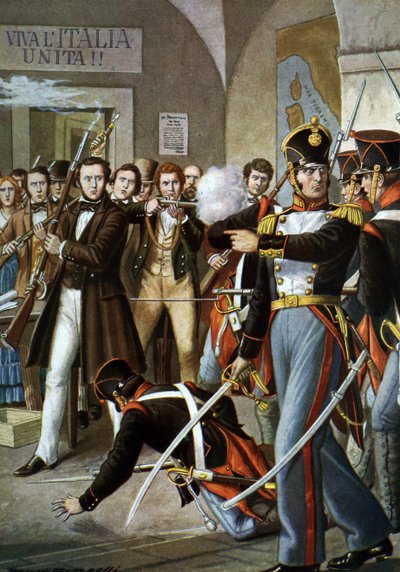 1830 年の反乱運動: チーロ メノッティ (1798-1831) の逮捕 カルボナリ運動 (カルボネリア、炭鉱) のイタリア人愛国者、モデナ、1830 年、イタリア" (モデナ、イタリアでの反乱中のチーロ メノッティの家への攻撃 1830) イラスト 作： Tancredi Scarpelli
