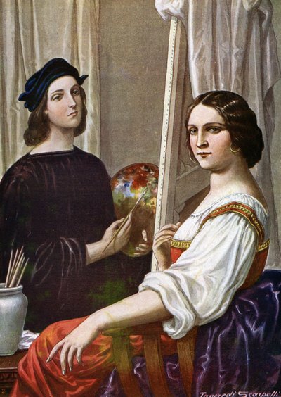 フォルナリーナを描く画家ラファエロ (Raffaello Sanzio 1483 - 1520) の肖像 (イタリアの画家ラファエルとフォルナリーナと呼ばれる若い女性) パオロ・ジュディ 作： Tancredi Scarpelli
