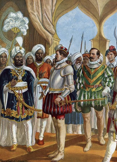 ポルトガルの航海士ペドロ・アルバレス・カブラル (1460-1526) は、1500 年 9 月 13 日にカリカット (コジコード) の王 (ザモリン) の宮廷で、インドのカウンターの設立を交渉しました (ポルトガルの航海士ペドロ・アルバレス・カブラルは、ザモリンと交渉しています)。 カリ 作： Tancredi Scarpelli