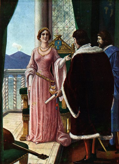 ナポリの女王ジョアンナ 2 世 (ジョヴァンナ ディ ナポリまたはアンジュー デュラッツォ) (1373-1435) は、彼女の養子であるアンジューのルイ 3 世 (1403-1434) を指定します。 作： Tancredi Scarpelli