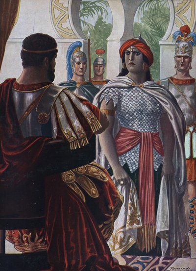 古代ローマ: ローマ皇帝アウレリアヌスに捕らえられたパルミラ セプティミア バツァバイ ゼノビーの皇帝、272" (パルミラ帝国ゼノビアの女王、ローマ皇帝アウレリアヌスの囚人、272 AD) タンクレディ スカルペリ (1866-1937) によるイラスト 作： Tancredi Scarpelli
