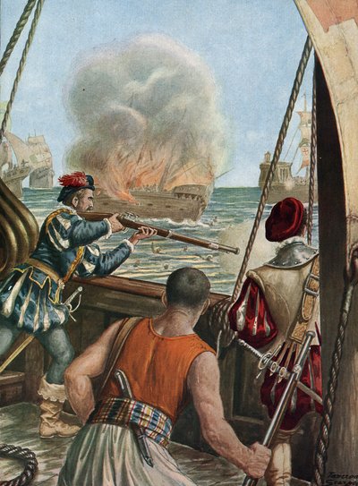 インドへの 2 回目の遠征 (1502-1503) 「「バスコ デ ガマのポルトガル艦隊とカリカットのポルトガル艦隊の間の海戦、ポルトガルはメッカから戻ってきたイスラム教徒の船ミリ突撃ペレリンに火を放った、1502 年 3 月 10 日」 ヴァスコ デ ガマ (1502-1503) 作： Tancredi Scarpelli