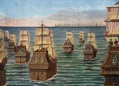 カンナノールの戦いは、1506 年 3 月にインドのカンナノレ港沖で、カリカットのサモリンのインド艦隊と副王アルメイダの息子であるロウレンコ デ アルメイダの指揮下にあるポルトガル艦隊との間で行われました。 作： Tancredi Scarpelli