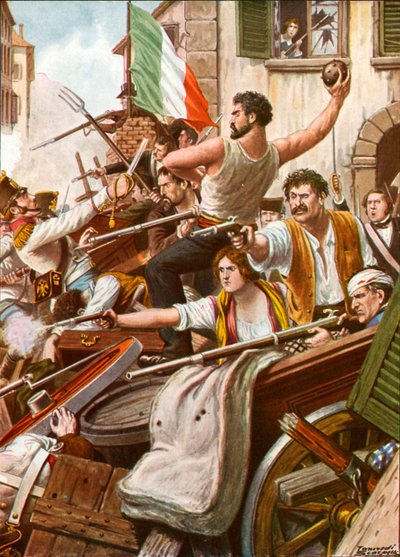 ミラノの5日間。すべての階級の市民がバリケードを手にしている 作： Tancredi Scarpelli