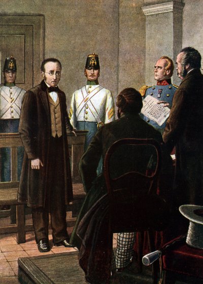 シルヴィオ・ペリコ (1789 - 1854) とピエロ・マロンチェッリ (1795 - 1846) がカルボナーリ運動 (シャルボネリまたはカルボネリア) に属していたとしてブルノのスピルバーグ要塞に投獄されたことを宣告する文の朗読 作： Tancredi Scarpelli