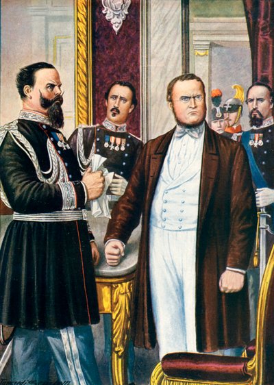 ビクターエマニュエルとカヴールは1859年7月12日、ビジャフランカ休戦について学ぶ 作： Tancredi Scarpelli
