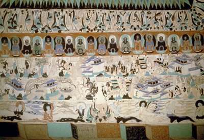 仏陀と日常生活の場面 中国・唐時代のフレスコ画 7～10世紀 作： Tang Dynasty Chinese School