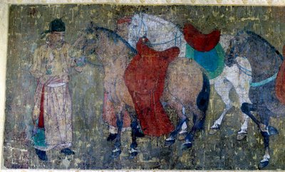 中国美術「玄宗皇帝（712-756）の宮廷画家、韓寒（かんかん）の絹絵巻の断片の詳細。唐時代の作品。唐代。50x141 cm パリ市立セルヌスキ美術館 作： Tang Dynasty Chinese School