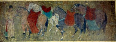 中国美術。「玄宗皇帝（712-756）の宮廷画家、韓寒（かんかん）作とされる絹本の絵巻物の断片。唐時代のもの。大きさ50x141 cm パリ市立セルヌスキ美術館 作： Tang Dynasty Chinese School
