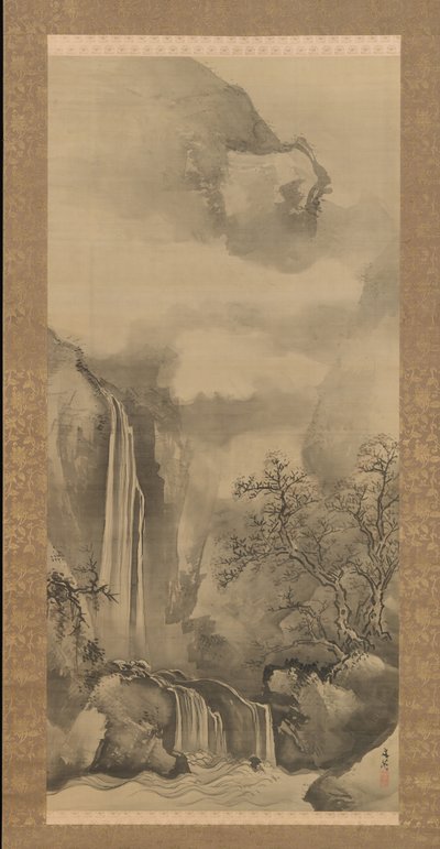 滝のある風景、1828年。 作： Tani Buncho