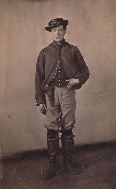 ホルスターにピストルを入れた北軍騎兵隊の兵士、1861～65年。 作： Tappin