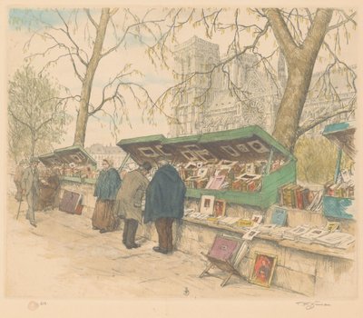 バック グラウンドでノートルダム大聖堂、Quai de Montebello の書店 作： Tavík František Šimon (signed by artist)