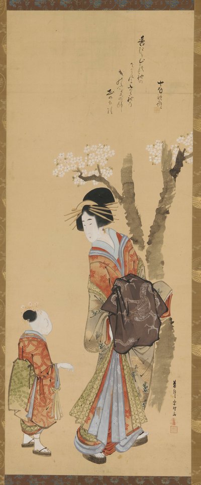 18世紀後半から19世紀初頭の桜の木の下で遊女と従者。 作： Tawaraya Sōri