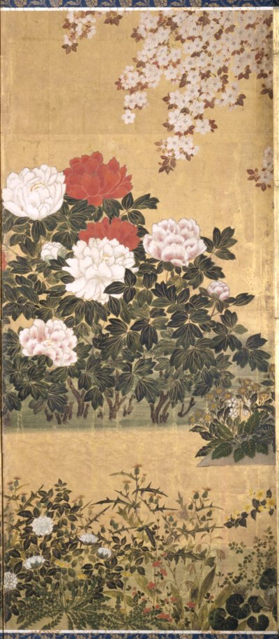 花と蝶（紙にインク、色、金箔） 作： Tawaraya Sotatsu