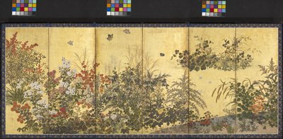 花と蝶（紙にインク、色、金箔） 作： Tawaraya Sotatsu
