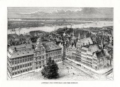 市庁舎とスヘルデ川、アントワープ、ベルギー、1879 作： Taylor