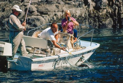 ビュート入江でサーモンを釣り上げる釣り人。 作： Ted Spiegel