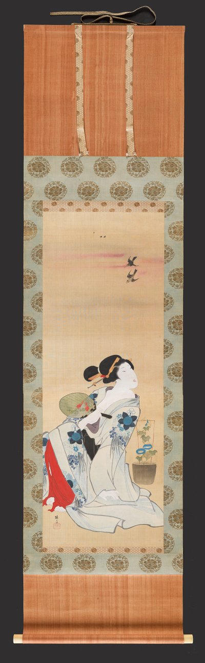 鍋の横に扇子を持つ美女 朝顔、1830〜44年頃（シルクにインクと色） 作： Teisai Hokuba