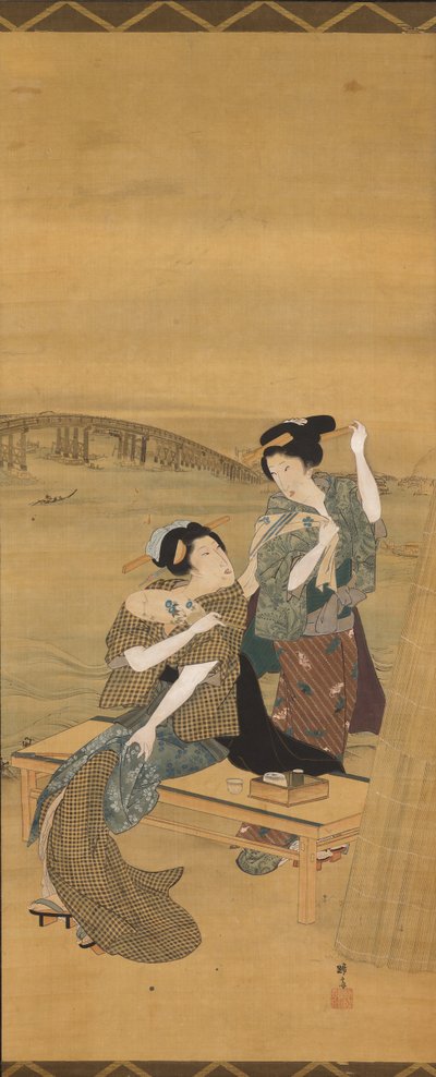 吾妻橋を見下ろす茶店で立ち止まる2人の美女 作： Teisai Hokuba