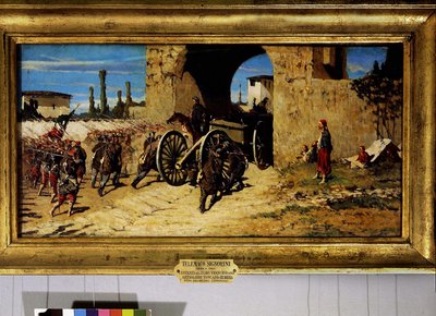 アヴァンティ・ア・ブラッチャ、ルビエラでのフランス人騎兵隊とトスカーナの大砲の入場 作： Telemaco Signorini