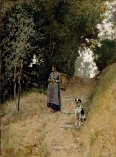 バスケットと犬と農民の女性 作： Telemaco Signorini