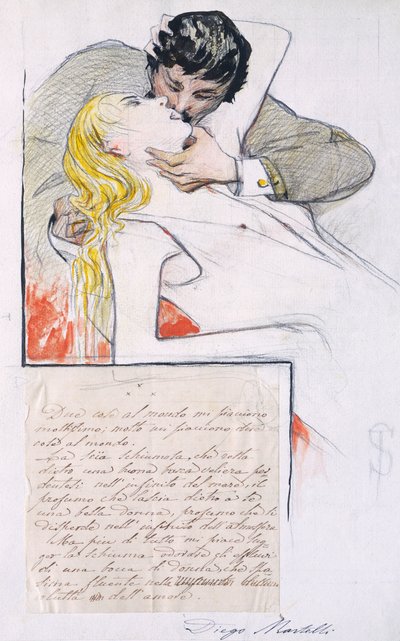 テレマコ・シニョリーニ(1835-1901)作「接吻」(デッサン) 作： Telemaco Signorini