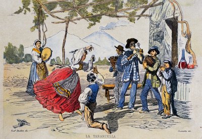 ナポリのタランテラ、イタリア、テオドロ・デュクレア（1814-1869）のデッサンからのエングレービング 作： Teodoro Duclere