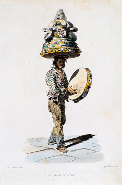 ジョヴァンニ・フサロ（1803-1894）がテオドロ・デュクレア（1816-1867）の絵から描いた「タンバリンの男」の版画。イタリア 作： Teodoro Duclere