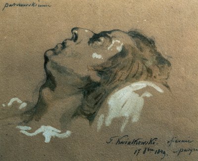 ポーランドの作曲家でピアニストのフレデリック ショパン (1810-1840) が死の床で、テオフィル クウィアトコフスキ (1809-1891) によってスケッチされました。 作： Teofil Kwiatkowski