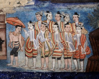 タイヤイ（シャン）の男性のグループ、サントンテイルズ（壁画）を描いたViharnライカムの壁画の詳細 作： Thai School