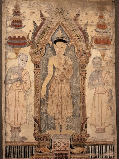 19世紀初頭に弟子たちと一緒に仏を描いたバナー（塗装布） 作： Thai School