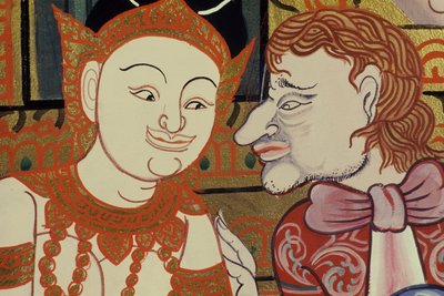 タイと西洋の人々を描いたクラシックスタイルの現代絵画（WCと金の紙） 作： Thai School