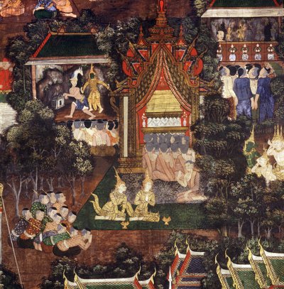 仏の葬式の際に演劇や人形のパフォーマンスを見ている群衆、死の仏の詳細（塗装された布） 作： Thai School