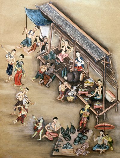 市場のシーンを描いた民俗画（紙にトイレ） 作： Thai School