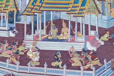 ワット プラケオ、ロイヤル グランド パレス、バンコク、タイでラーマーヤナのシーンを描いた壁画 作： Thai School