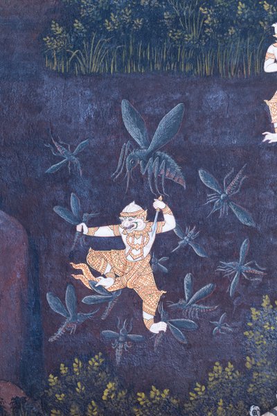 ワット プラケオ、ロイヤル グランド パレス、バンコク、タイでラーマーヤナのシーンを描いた壁画 作： Thai School