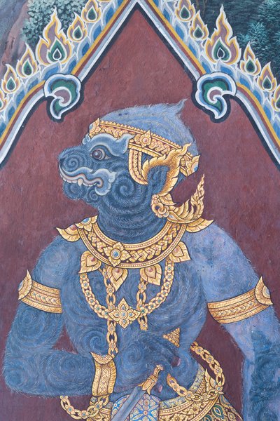 ワット プラケオ、ロイヤル グランド パレス、バンコク、タイでラーマーヤナのシーンを描いた壁画 作： Thai School