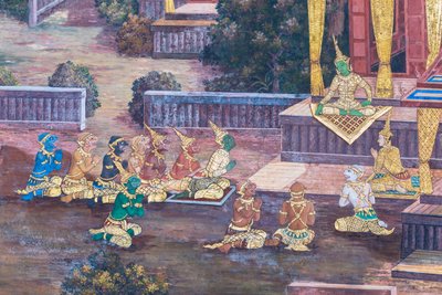 Mural retratando cenas do Ramayana em Wat Phra Kaeo, o Grande Palácio Real, Bangkok, Tailândia 作： Thai School