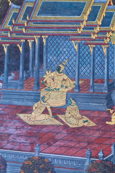 ワット プラケオ、ロイヤル グランド パレス、バンコク、タイでラーマーヤナのシーンを描いた壁画 作： Thai School