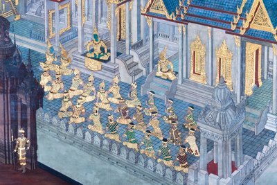 ワット プラケオ、ロイヤル グランド パレス、バンコク、タイでラーマーヤナのシーンを描いた壁画 作： Thai School