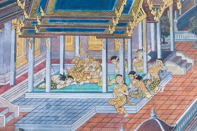 ワット プラケオ、ロイヤル グランド パレス、バンコク、タイでラーマーヤナのシーンを描いた壁画 作： Thai School
