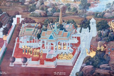 ワット プラケオ、ロイヤル グランド パレス、バンコク、タイでラーマーヤナのシーンを描いた壁画 作： Thai School